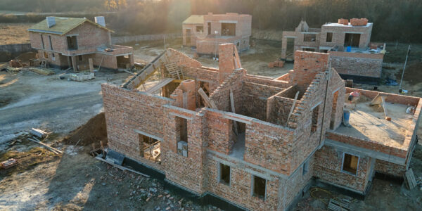 Industrial building site in rural area with residential houses under construction for future sale or leasing. Concept of real estate development.