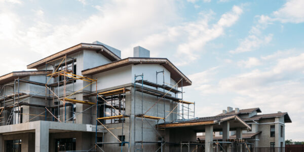 modern building construction with scaffolding under cloudy sky